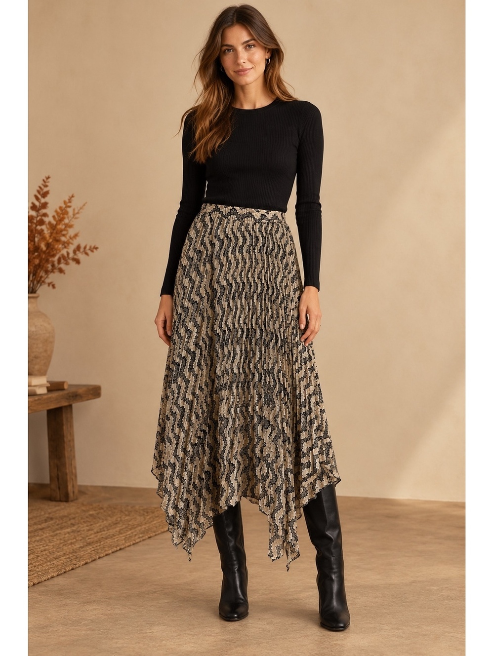The Kooples Black and Beige Floral Handkerchief Hem Skirt